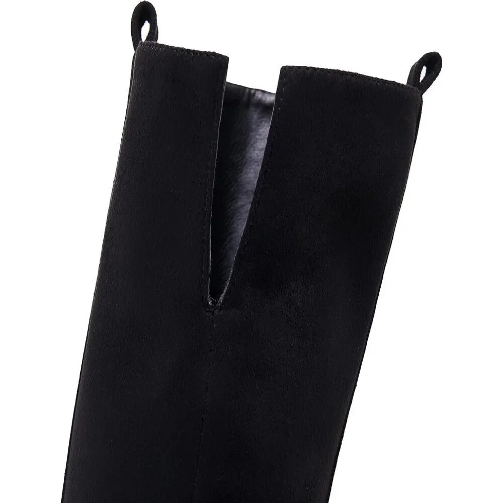 Womens Black Faux Suede Knee High Side Zipper Chunky Heel Winter Stretch Boots